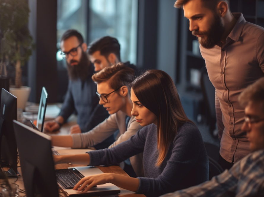 אדם מסביר למספר אנשים לצד המחשב